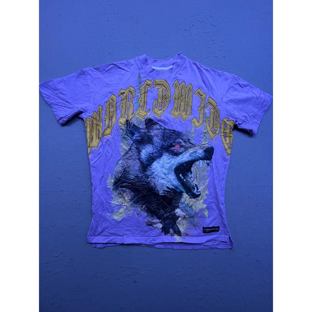 boohooMAN T-Shirt Cotton Purple Wolf Eagle Graphic XS Mens